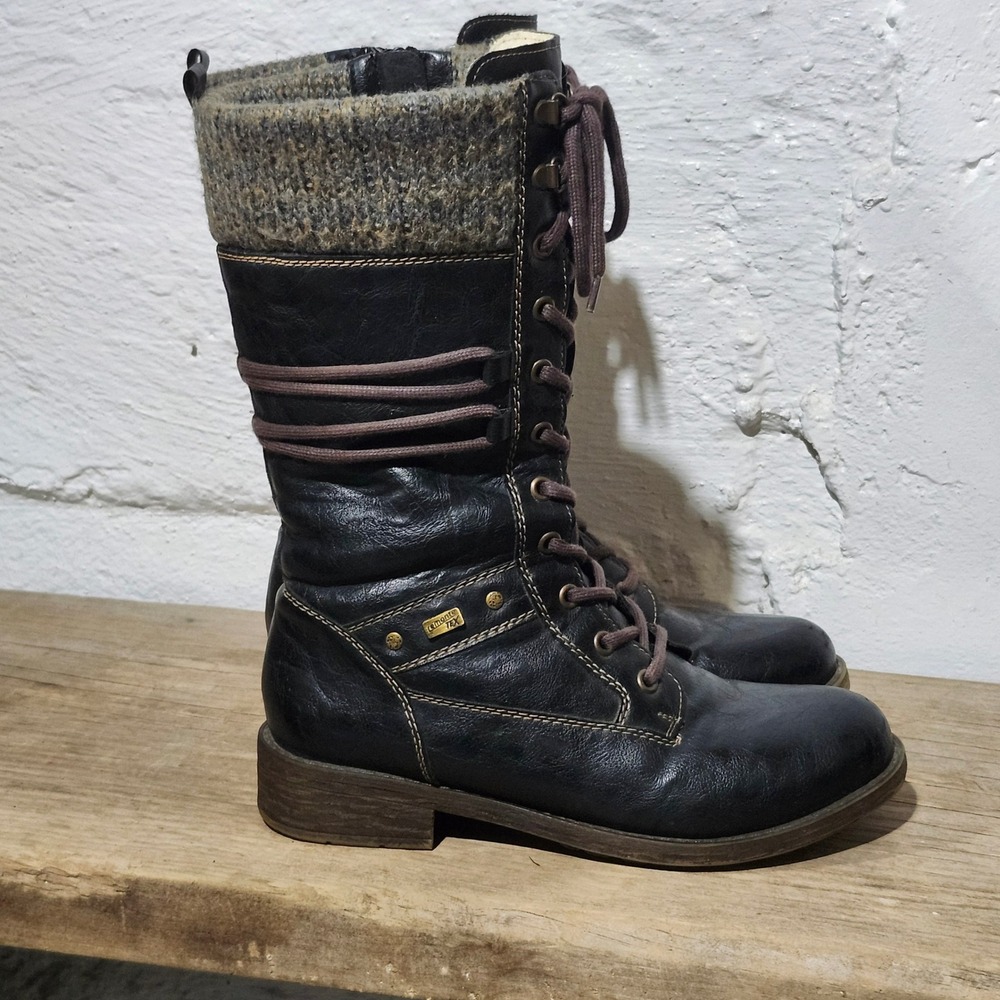 Remonte Tex Leather Black Knit Collar Winter Boots Women 38 8512101125 Zip Lace